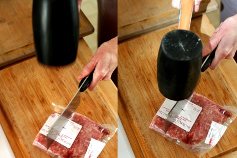 To cut stuff in half, whack the top of the cleaver with a mallet.