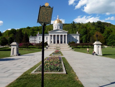 The state house with sign