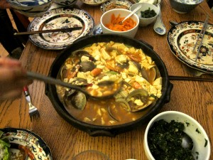 Tofu and Clam Hot Pot, one of several dishes and sides from THE KOREAN TABLE served at the DCCC potluck (photo by Mark Goodwin)